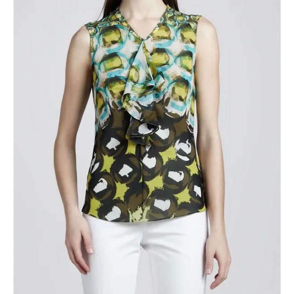 Lafayette 148 silk blouse Sz. 14 green yellow sleeveless preppy